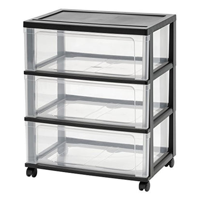 IRIS USA 3-Drawer Wide Storage Cart with Wheels, Organizer, Black | Store clothing, towels, office supplies, craft materials and household essentials with organized storage around your home