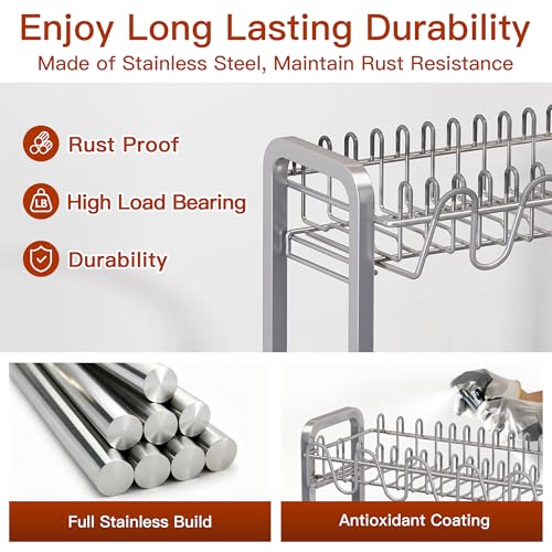 2 Tier Large Stainless Steel Dish Drying Rack for Kitchen Counter | Large Stainless Steel Dish Drain, Space Saving, Big Modern Silver Countertop Metal Plates Dryer Strainer and Extra Tray
