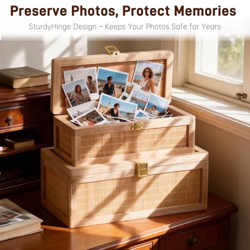 Natural Bamboo Decorative Box with Lids, Unique Decorative Boxes Set of 2, Boho Wedding Keepsake Box, Memory Box with Lid for Crafts, trinkets and Photo Storage