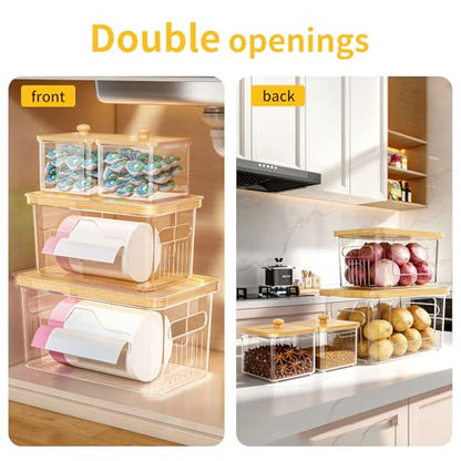 4 Pack Trash Bag Holder with Bamboo Lid, Stackable Garbage Bag Dispenser Under Sink, Storage Organizer for Kitchen, Laundry, Pantry (S+S+M+L)