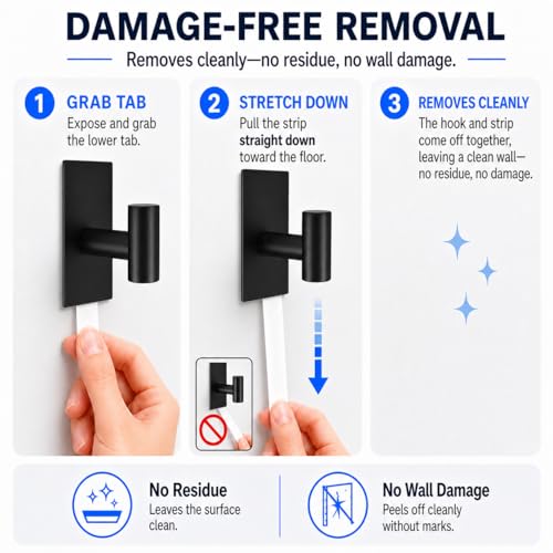 5 Pcs Towel Hooks Heavy Duty for Hanging，Adhesive Wall Hooks with Removable Strips，Sticky No Damage，Outdoor for Bathrooms，Shower，Stockings，Decor，Robe，X-Large，Black 304 Stainless Steel