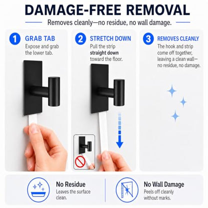5 Pcs Towel Hooks Heavy Duty for Hanging，Adhesive Wall Hooks with Removable Strips，Sticky No Damage，Outdoor for Bathrooms，Shower，Stockings，Decor，Robe，X-Large，Black 304 Stainless Steel
