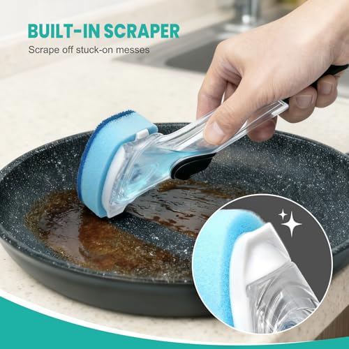 Dish Wand with Handle,Non-Scratch Dishwand Refills Replacement Sponge Heads | Leak-Proof Soap Control Dispenser Scrub Sponges, Advanced Scrubber Brush Pads for Kitchen Cleaning Dishes Sink Washing Tool