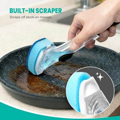 Dish Wand with Handle,Non-Scratch Dishwand Refills Replacement Sponge Heads | Leak-Proof Soap Control Dispenser Scrub Sponges, Advanced Scrubber Brush Pads for Kitchen Cleaning Dishes Sink Washing Tool
