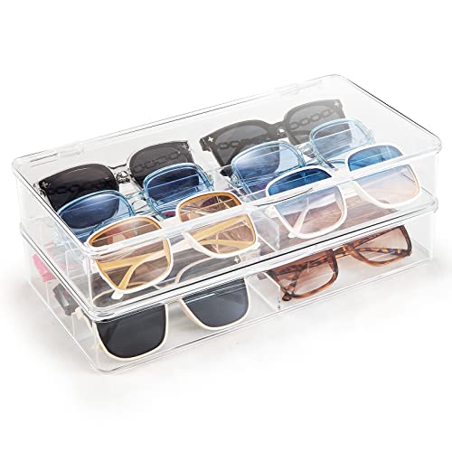 Acrylic Eyeglass Organizer, Stackable Sunglasses Case Storage Organizer with Lid - 2 Pack