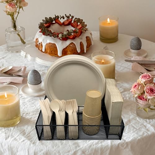 Dysanvica Metal Paper Plate Holder - Utensil Silverware Caddy for Kitchen Counter Cabinet Cutlery Flatware Organizer Storage Dispenser Box for Plastic Spoon Fork Plates Napkins Cup Party Camping Black