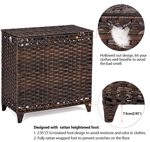 Laundry Hamper with 3 Removable Liner Bags, 132L Laundry Sorter with Lid | Raised Feet; Side Carry Handles; Handwoven PP Rattan; Rust-Resistant Iron Frame; Decorative Woven Design