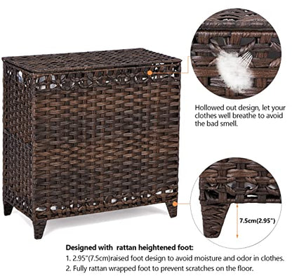 Laundry Hamper with 3 Removable Liner Bags, 132L Laundry Sorter with Lid | Raised Feet; Side Carry Handles; Handwoven PP Rattan; Rust-Resistant Iron Frame; Decorative Woven Design