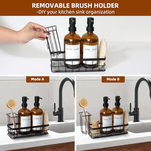 Dish Soap Dispenser for Kitchen, 16.9 fl oz Amber Hand and Dish Soap Dispensers, Kitchen Soap Dispenser Set with Sponge Holder, Brush Holder and Loofah Sponge, Countertop Sink Organizer Accessories