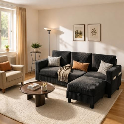 77" L-Shaped Corduroy Sectional Sofa with Storage Ottoman, Black