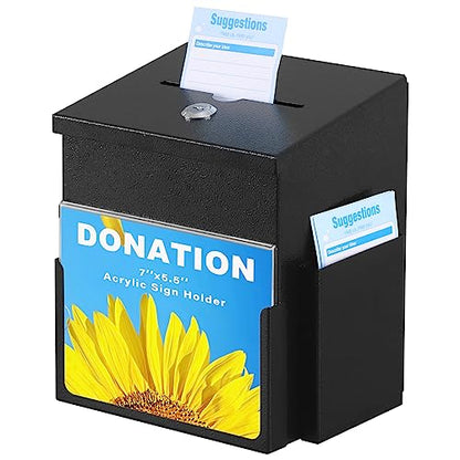 Suggestion Box with Key Lock Acrylic Sign Holder, Metal Donation Ballot Drop Box with Slot Tip Jar for Office, Fundraising, Church, School,8.9''x7.1''x6.3'', Black