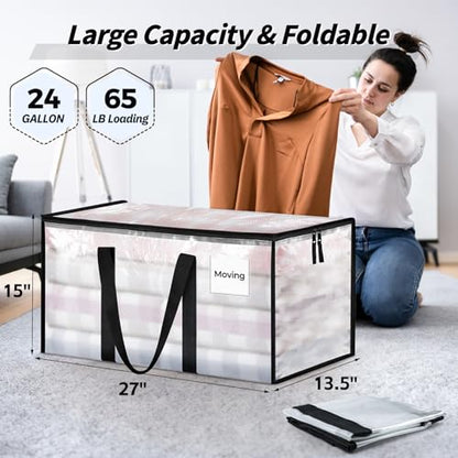 8 Pack Extra Large Clothes Storage Bins with Lids, Storage Bags with Reinforced Handles & Heavy-Duty Zippers, Moving Bags, Moving Boxes Totes for Clothes Packing, Dorms, College Supplies, Clear