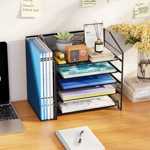 Simple Trending 5-Tier Desk File Organizer, Paper Organizer, Black | Adjustable Letter Trays, Side File Shelf，Durable Steel Mesh, Space Saving, for Home Office, 15.4"L x 9"W x 13"H
