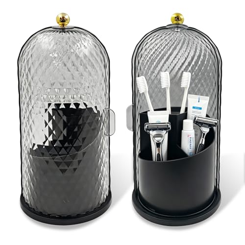 360° Rotating Toothbrush Holder with Cover, Dustproof Bathroom Countertop Organizer for Toothbrushes, Toothpaste, Floss Picks and Dental Accessories