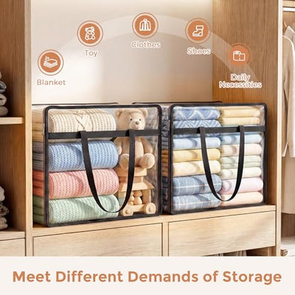 6 Pack Clear Storage Bags for Clothes, 45L Closet Organizers and Storage | Plastic storage with zipper and handle, moving bags, under-bed storage, closet organizer for blankets, comforters, toys