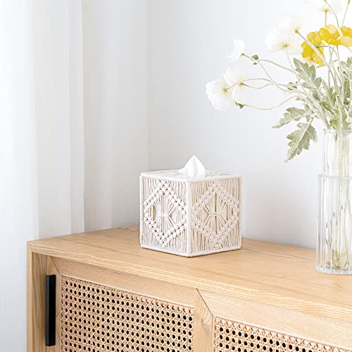 Mkono Tissue Box Cover Square, Boho Macrame Decor Open-Bottom Holder, Ivory | Facial Tissue Organizer, Decorative Cube Box, Chic Hand-Woven, Bedroom Bathroom Vanity Dresser Living Room Office Dorm