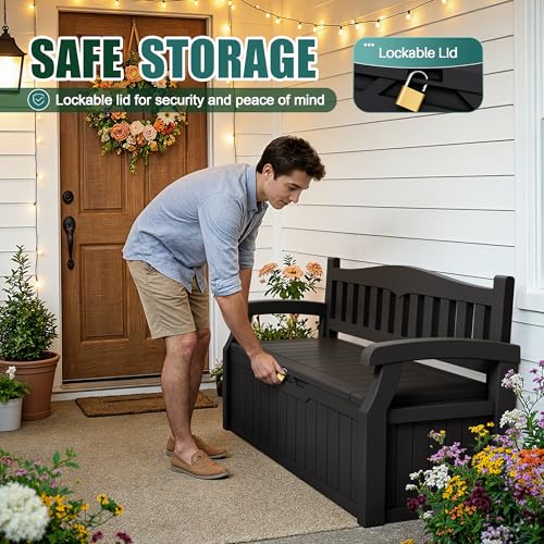 Devoko 80 Gallon Storage Bench Deck Box Waterproof&Lockable | Outdoor Benches for Patio Furniture, Garden Decor and Outdoor Seating for Cushions, Garden Tools and Pool Supplies