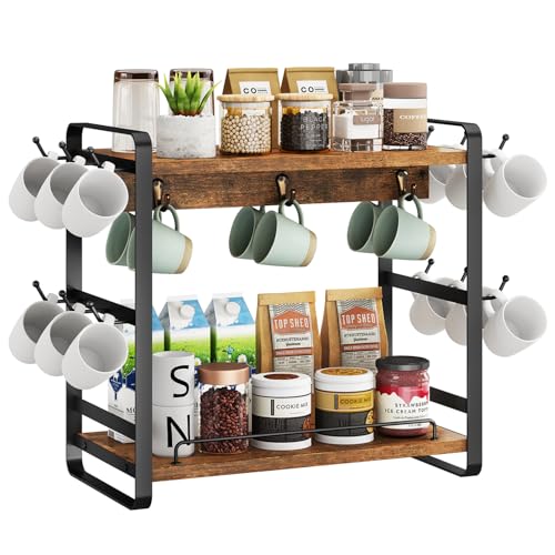 IBUYKE Kitchen Mug Cup Holder,2 Tier Coffee Bar Organizer,Brown TBJ006H | Coffee Bar Station Countertop Organizer Coffee Mug Stand with 18 Hooks,Multifunctional Mug Tree for Home Kitchen Office