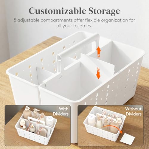 Lifewit Shower Caddy Portable, Caddy Organizer with Handle and Adjustable Dividers, Plastic Shower Basket for Dorm Room Essentials, College, Bathroom, White, 1 Pack