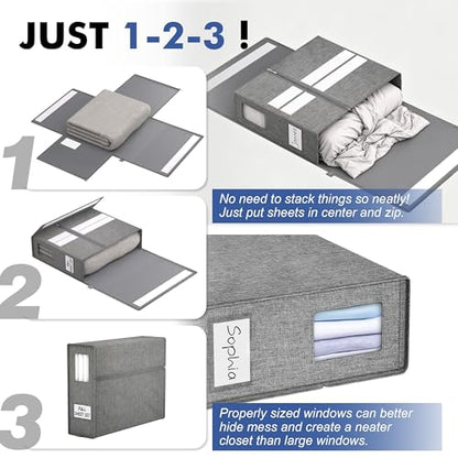 Furnhome Bed Sheet Organizers and Storage 4 Pack for Linen Closet, Foldable Sheet Set Holder with Window & Labels, Stackable Bedding Storage Boxes for Sheets, Duvet Covers, Blankets