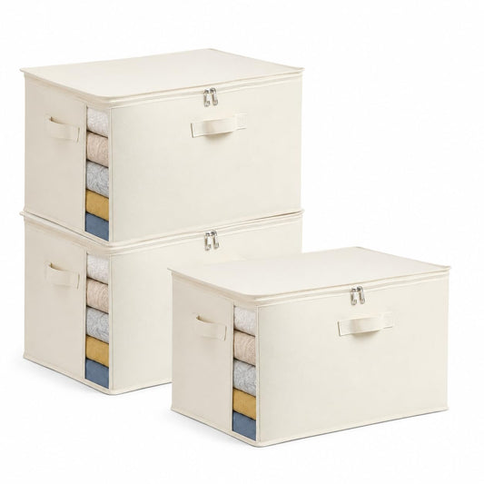 3Pack Canvas Storage Bags for Clothes & Comforters with Clear Window, Beige | 70L Large Capacity, Cotton Linen Fabric, Reinforced Handles, Foldable Design for King Comforters, Clothes and Blanket Storage