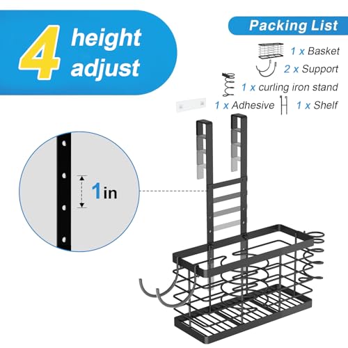 2026 Upgraded 3-in-1 Universal Hair Tool Organizer, L Size, Black | Adjustable Height Metal Hair Dryer Holder, Wall Mounted, Over Cabinet Door, Countertop, Bathroom Storage