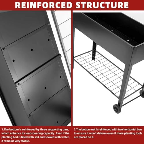 32" Rolling Raised Garden Bed with Wheels, Heavy Duty Metal Elevated Planter Box, Outdoor Flower Cart Plant Stand, Raised Planter with Storage Shelf for Patio Balcony Backyard Growing