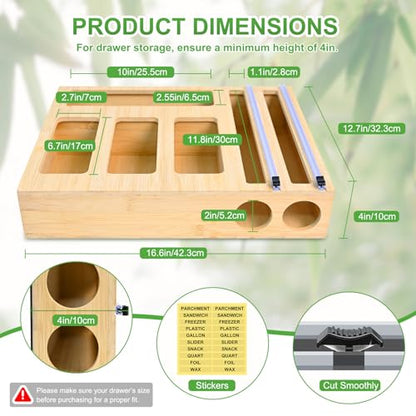 Magnetic Food Bag Storage Organizer for Drawer or Refrigerator | Ziplock Bag Organizer, Compatible with Gallon,Quart, Sandwich, Snack & Variety Size Bags, Bamboo, 12.7"W x 16.6"H x 4"D