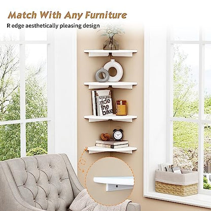 Forbena White Corner Floating Shelves for Wall Set of 4, Rounded Corner Shelves Wall Mounted for Kids Bedroom Books, Cute Wood Hanging Corner Shelf for Bathroom Decor, Living Room, Small Spaces