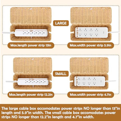2PCS Cable Management Box, Handmade Rattan Cable Organizer Cord Basket | Open Slots Cords Hider Box Under Desk Cord Organizer for Computer Router USB Hub & Power Strip