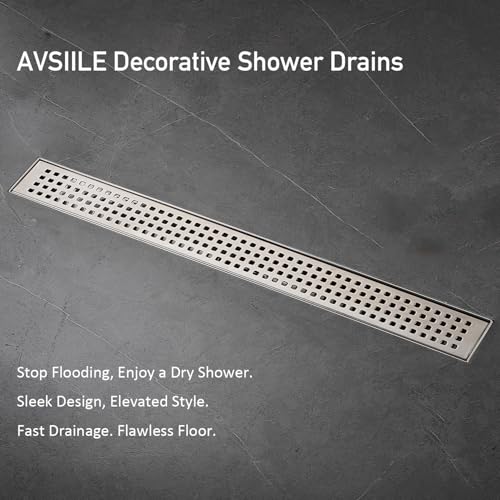 Linear Shower Floor Drain, Brushed Nickel 24 Inch 304 Stainless Steel Bathroom Drains Kit, Long Rectangular Shower Trench Drain with Square Pattern Drain Cover & Hair Catcher