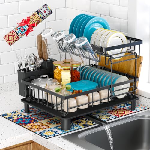 2 Tier Large Detachable Dish Drying Rack for Kitchen Counter,Black | Compact Drying Rack Kitchen, Rust-Resistant Dish Drainer Organizer, Space-Saving Dish Racks with Drainboard, Utensil Holder