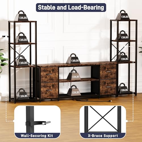 LED TV Stand Bookshelf Combo with Charging Station for 65 60 55 Inch TV, Entertainment Center with Lights & Drawers, Industrial Media TV Console Table for Living Room Bedroom Office, Rustic Brown