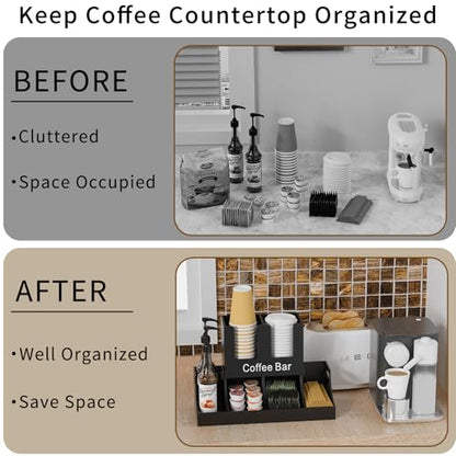 Coffee Station Organizer, Wooden Coffee Bar Organizer for Countertop, Condiment and Cup Storage Organizer, Bar Accessories for Kitchen, Office, Home, Black