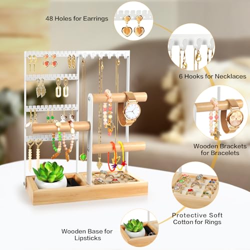 Jewelry Stand - 48 Holes Earring Holder, 4-Tier Necklace Organizer | 6 Hooks Jewelry Organizers and Storage, Bracelet Ring Rack with Wood Box, Preppy Gift Room Decor for Teen Girls Women, White