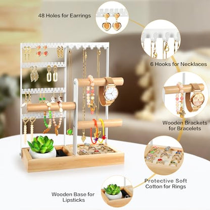 Jewelry Stand - 48 Holes Earring Holder, 4-Tier Necklace Organizer | 6 Hooks Jewelry Organizers and Storage, Bracelet Ring Rack with Wood Box, Preppy Gift Room Decor for Teen Girls Women, White