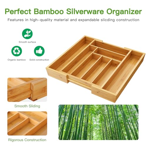 Pipishell Bamboo Expandable Silverware Drawer Organizer, Adjustable Kitchen Utensil Tray for Forks, Spoons and Knives, Wood Storage Cutlery Holder for Bedroom and Living Room