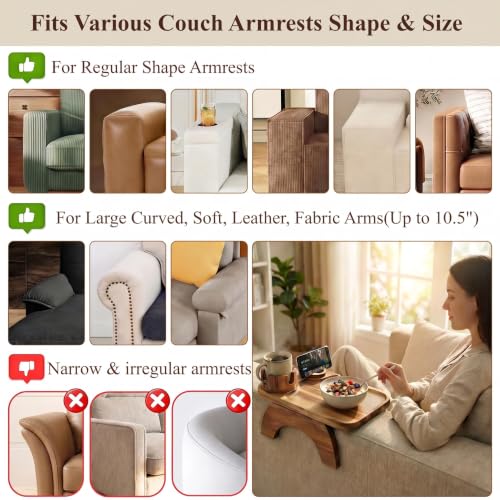 Couch Armrest Table, Acacia Wood Sofa Arm Tray with 360° Rotating Phone & Cup Holder, Clip-On Arm Rest Table for Couch, Anti-Slip Armrest Tray for Snacks & Drinks, 15.4" x 9.8"