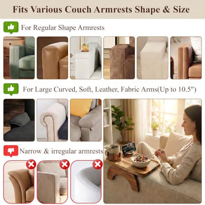 Couch Armrest Table, Acacia Wood Sofa Arm Tray with 360° Rotating Phone & Cup Holder, Clip-On Arm Rest Table for Couch, Anti-Slip Armrest Tray for Snacks & Drinks, 15.4" x 9.8"