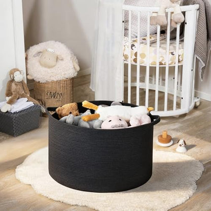 Large Black Blanket Basket, 22" X 22" X 14" Woven Rope Bin for Storage, Kids Dog Toy Storage Box Organizer Bins, Blanket Holder for Living Room, Decorative Wicker Basket for Organizing