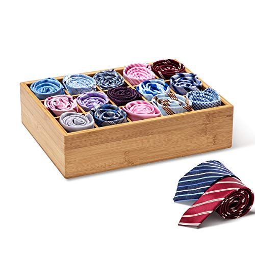 GOBAM Bamboo Closet Drawer Divider - Storage Organizer with 15 Compartments, Drawer Organizer, Storage Box for Belts, Ties, Bras, Briefs, Socks & Jewelry - Natural