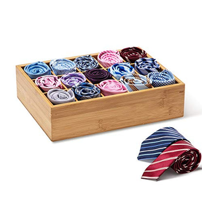 GOBAM Bamboo Closet Drawer Divider - Storage Organizer with 15 Compartments, Drawer Organizer, Storage Box for Belts, Ties, Bras, Briefs, Socks & Jewelry - Natural