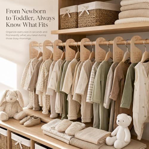 Beautiful Wooden Baby Closet Dividers Set of 7 - Double-Sided Organizer for Newborn to 24 Months Size Clothes - Adorable Nursery Decor Hanger Dividers Easily Organize Your Little Girls or Boys Room