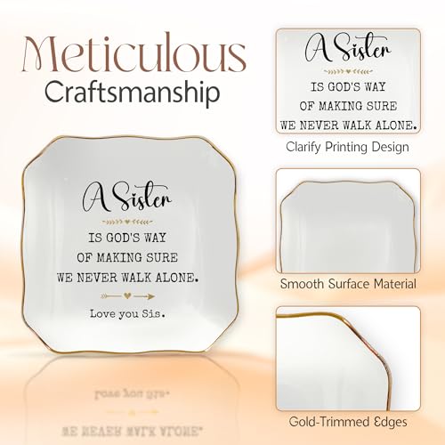 Sister Birthday Gifts for Women - 4"X4" Ceramic Jewelry Dish Tray | Sister Gifts, Ring Dish for Women, Gift For Sister, Gold Trim Design, Desk Vanity Decor, Polished Finish