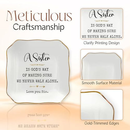 Sister Birthday Gifts for Women - 4"X4" Ceramic Jewelry Dish Tray | Sister Gifts, Ring Dish for Women, Gift For Sister, Gold Trim Design, Desk Vanity Decor, Polished Finish