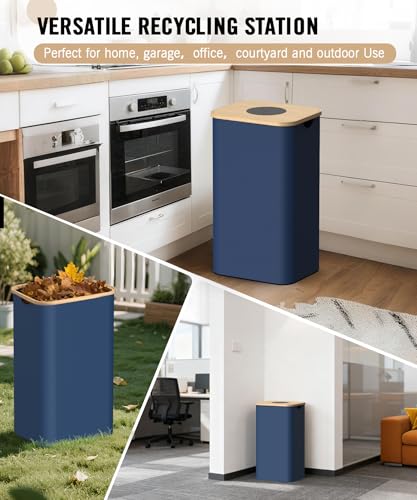 Magicheap 26 Gallon (100L) Recycling Bins for Kitchen with Bamboo lid, Blue | with 2pcs Removeable and Reusable Inner Bags, Oxford Fabric, Recycle Trash Bin for Indoor Bottle Can Glass Plastice