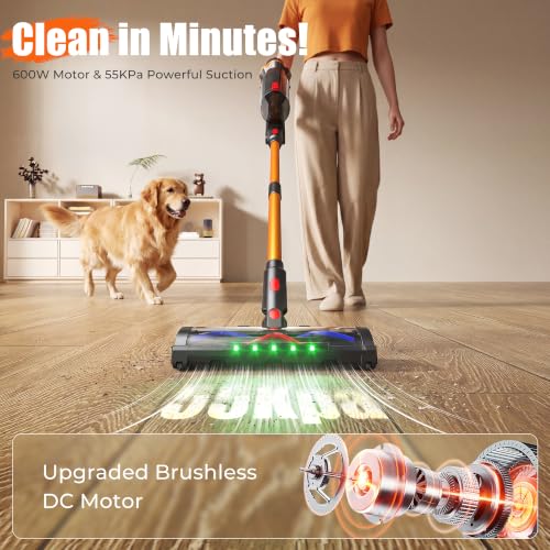 Cordless Vacuum Cleaner for Home, 55Kpa Suction, Up to 70-Min Runtime, Gold | 600W Bushless Motor, Self-Standing, Touch Screen, 1.8L Dust Cup, Anti-tangle Vacuum Cleaners for Pet Hair, Carpet, Hard Floor