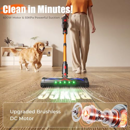 Cordless Vacuum Cleaner for Home, 55Kpa Suction, Up to 70-Min Runtime, Gold | 600W Bushless Motor, Self-Standing, Touch Screen, 1.8L Dust Cup, Anti-tangle Vacuum Cleaners for Pet Hair, Carpet, Hard Floor