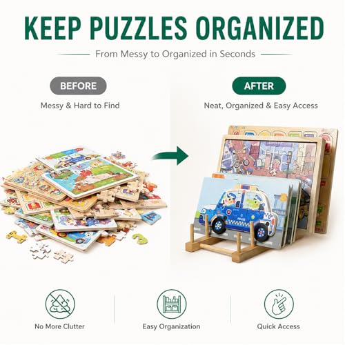 2 Pack Wooden Puzzle Rack, Puzzle Storage Organizer with 5 Sections | Tabletop Book Holder & Art Print Display Stand, Wooden Organizer for Craft Shows, Home, Kitchen Cabinet Storage
