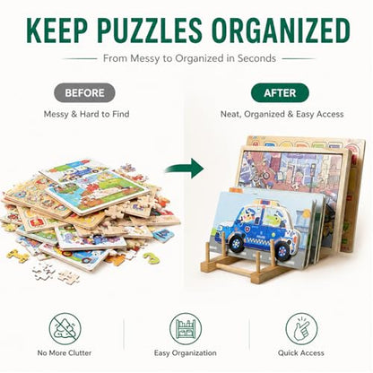 2 Pack Wooden Puzzle Rack, Puzzle Storage Organizer with 5 Sections | Tabletop Book Holder & Art Print Display Stand, Wooden Organizer for Craft Shows, Home, Kitchen Cabinet Storage